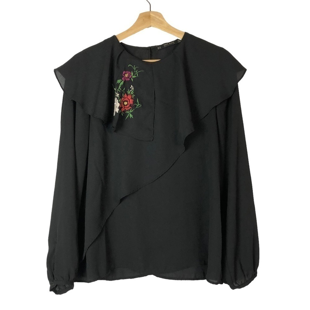 Zara Black Long Sleeve Ruffle‎ Layered Floral Blouse M